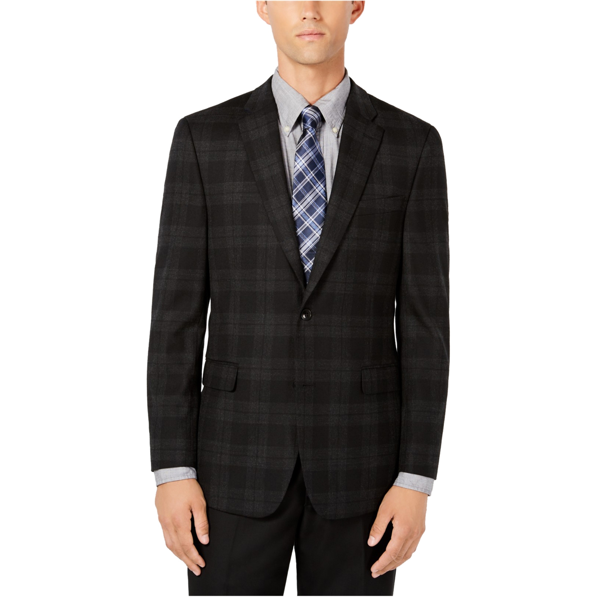 Tommy Hilfiger Mens Tartan Three Button Blazer Jacket, Black, 42